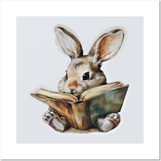 Cute rabbit reading book retro children illustration Posters and Art